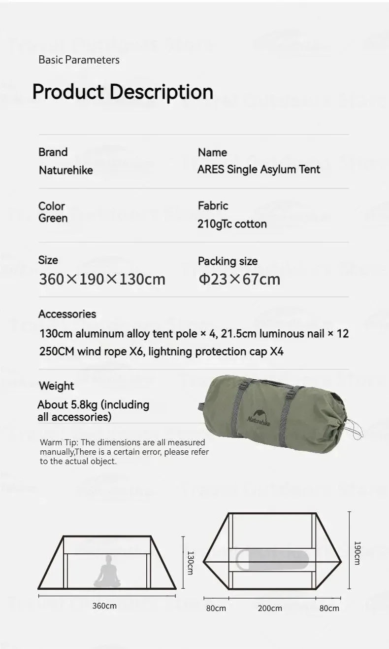 Army Green Single-Person Cotton Ridge Tent – Outdoor Camping, Hiking, Survival Shelter with Large Space & Chimney Ventilation (5.8kg) - Trekker Essentials