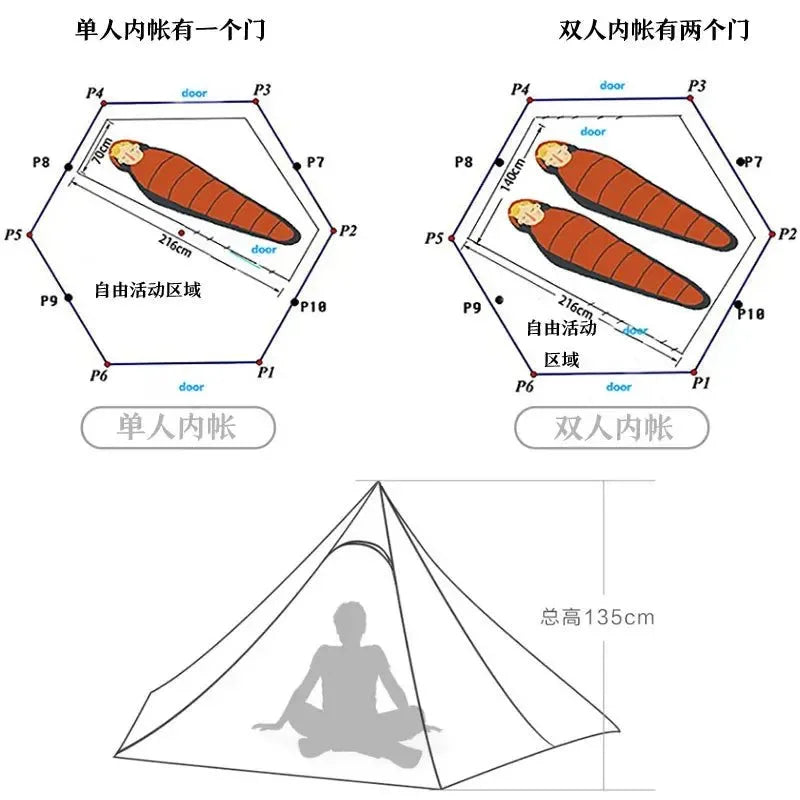 ASTA Gear Xinxue Pyramid Hexagon Camping Tent - Double Layer, Large-Space, Silicon Coating, Windproof, 1-2 Person Tent (No Poles) - Trekker Essentials
