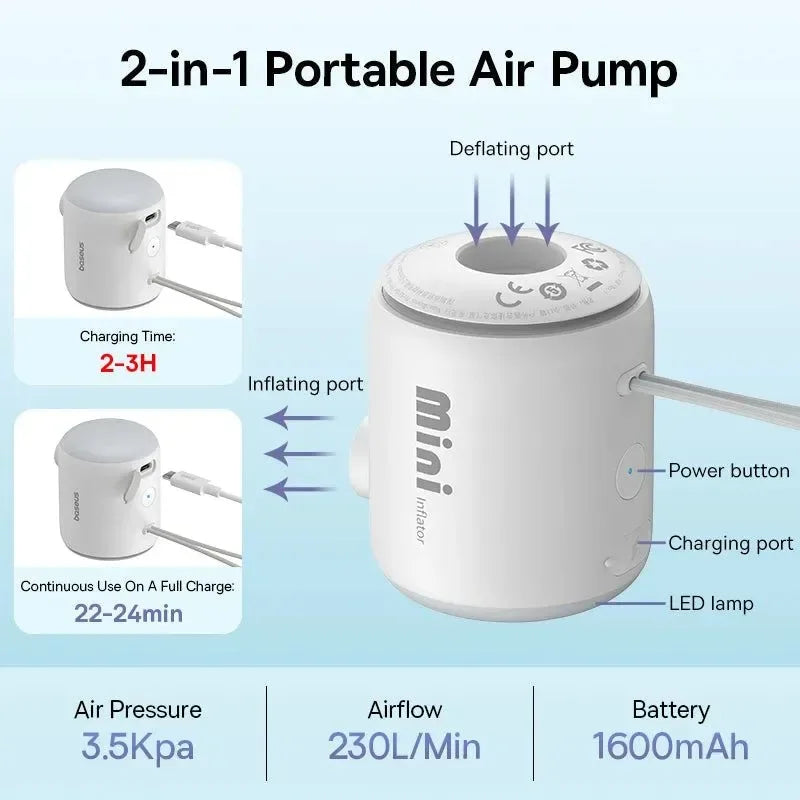 Baseus Portable Electric Air Compressor – Inflate and Deflate for Air Mattresses, Pool Floats, and Camping Gear - Trekker Essentials
