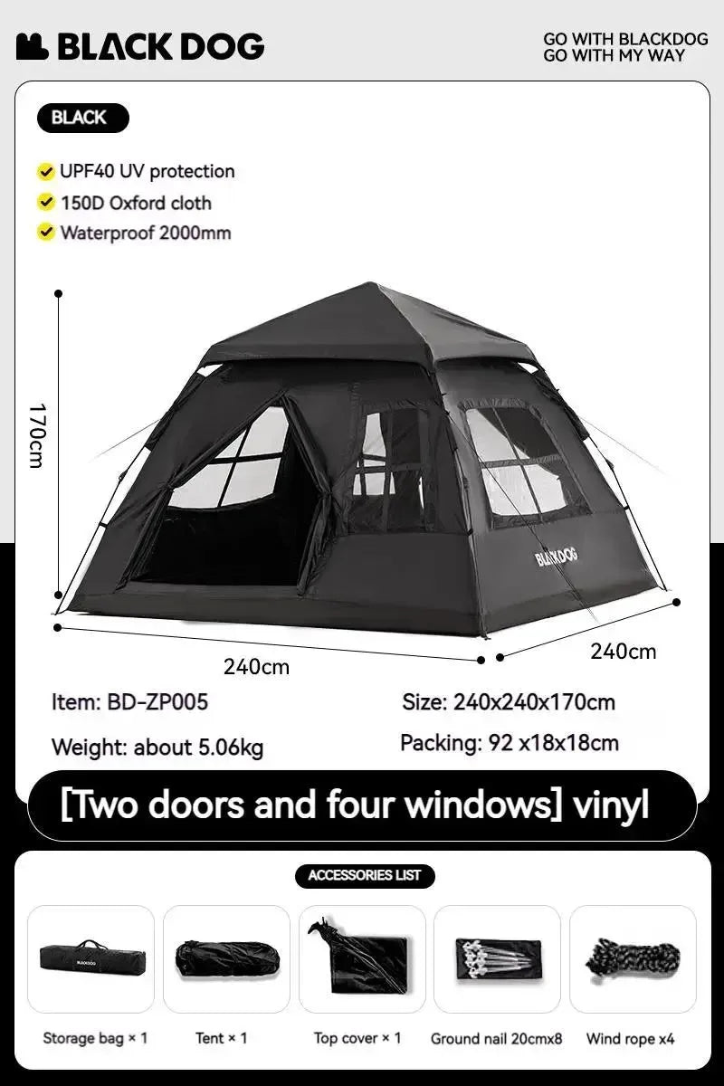 BLACKDOG Automatic Tent with Black Coating, Two Doors, Four Windows - Camping Outdoor Sunscreen Waterproof Quick Opening Tent - Trekker Essentials