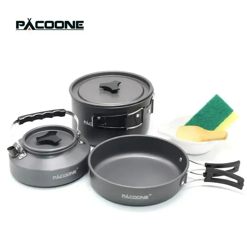 Camping Cookware Set - Portable Outdoor Cooking Kit with Pot, Water Kettle, Pan, and Tableware for Hiking and Picnics - Trekker Essentials