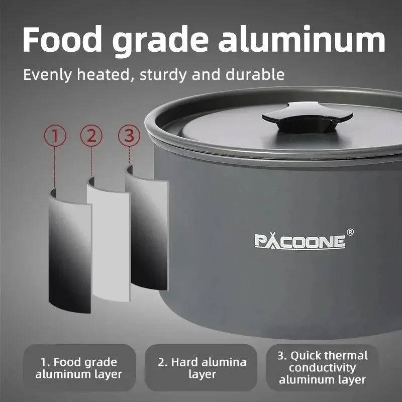 Camping Cookware Set - Portable Outdoor Cooking Kit with Pot, Water Kettle, Pan, and Tableware for Hiking and Picnics - Trekker Essentials