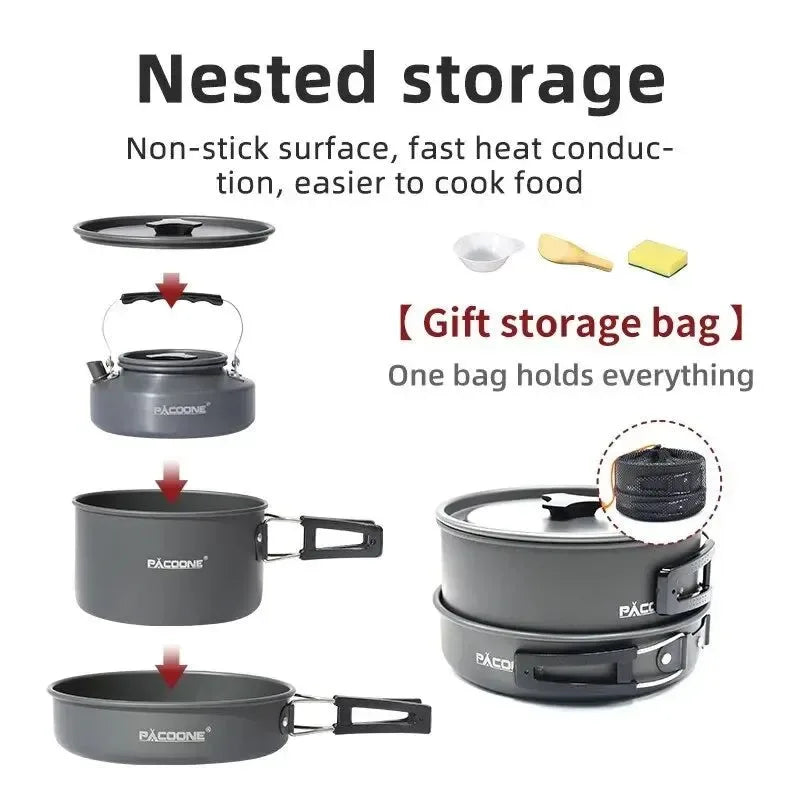 Camping Cookware Set - Portable Outdoor Cooking Kit with Pot, Water Kettle, Pan, and Tableware for Hiking and Picnics - Trekker Essentials