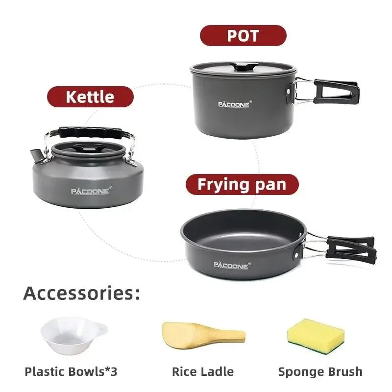 Camping Cookware Set - Portable Outdoor Cooking Kit with Pot, Water Kettle, Pan, and Tableware for Hiking and Picnics - Trekker Essentials