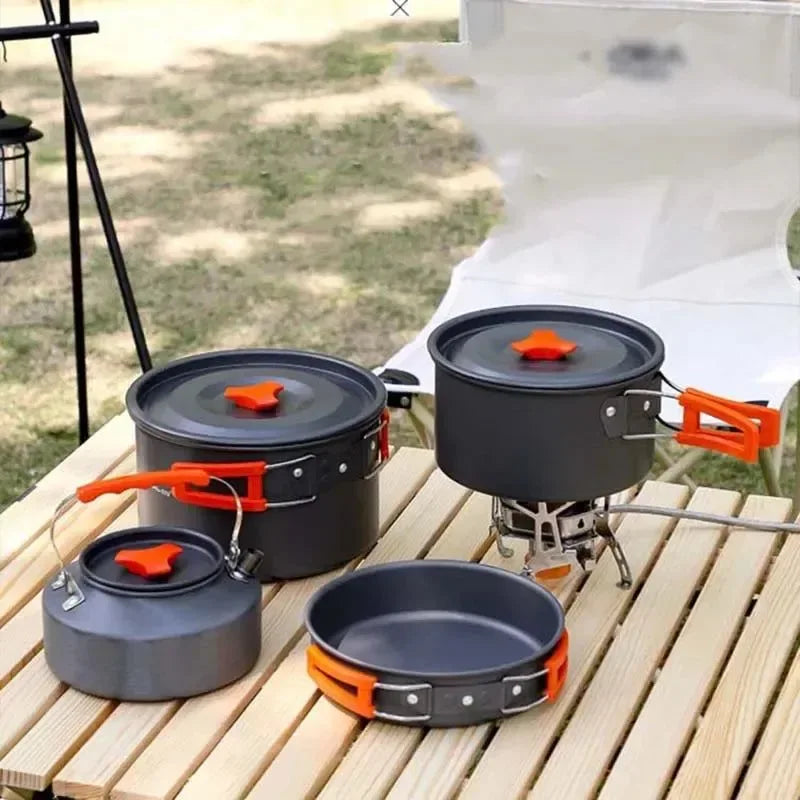 Camping Cookware Set | Portable Aluminum Outdoor Tableware Cookset | Cooking Kit with Pan, Bowl, Kettle, and Pot for Hiking, BBQ, and Picnic - Trekker Essentials
