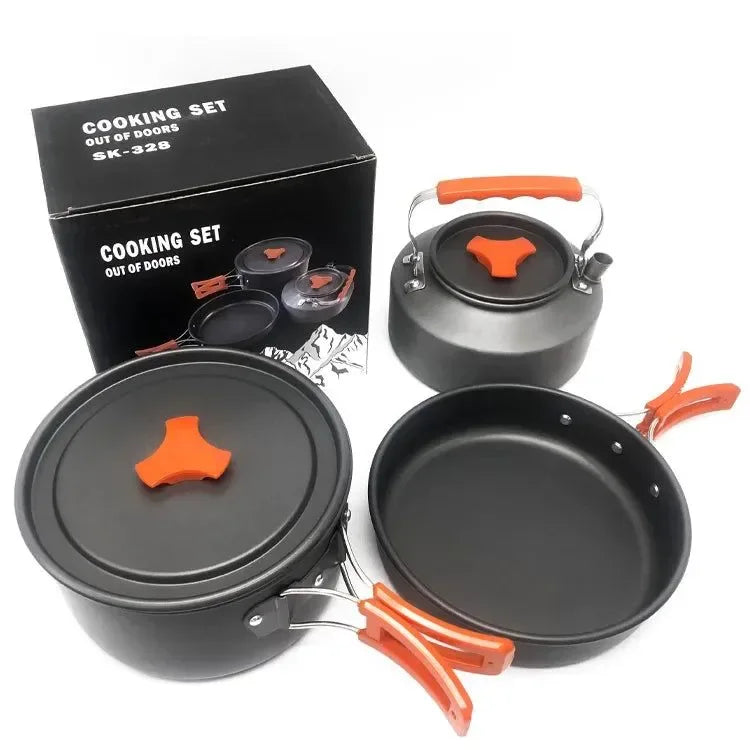 Camping Cookware Set | Portable Aluminum Outdoor Tableware Cookset | Cooking Kit with Pan, Bowl, Kettle, and Pot for Hiking, BBQ, and Picnic - Trekker Essentials