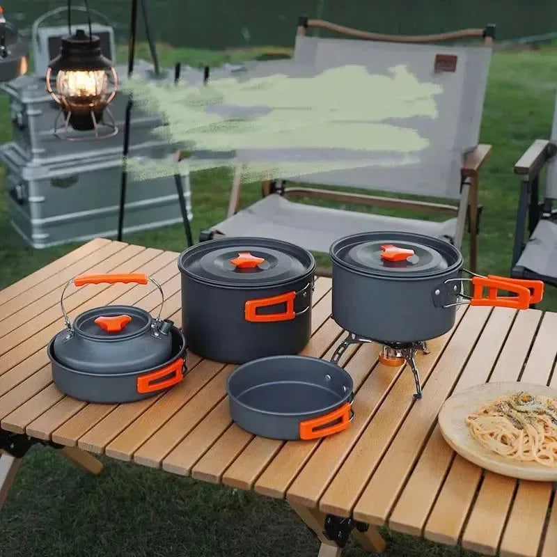 Camping Cookware Set | Portable Aluminum Outdoor Tableware Cookset | Cooking Kit with Pan, Bowl, Kettle, and Pot for Hiking, BBQ, and Picnic - Trekker Essentials