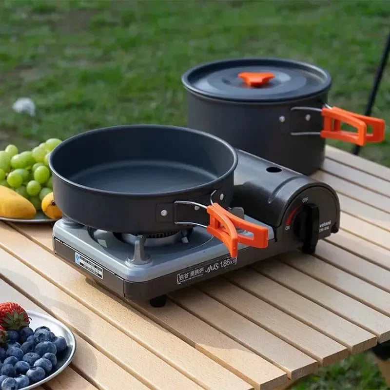 Camping Cookware Set | Portable Aluminum Outdoor Tableware Cookset | Cooking Kit with Pan, Bowl, Kettle, and Pot for Hiking, BBQ, and Picnic - Trekker Essentials