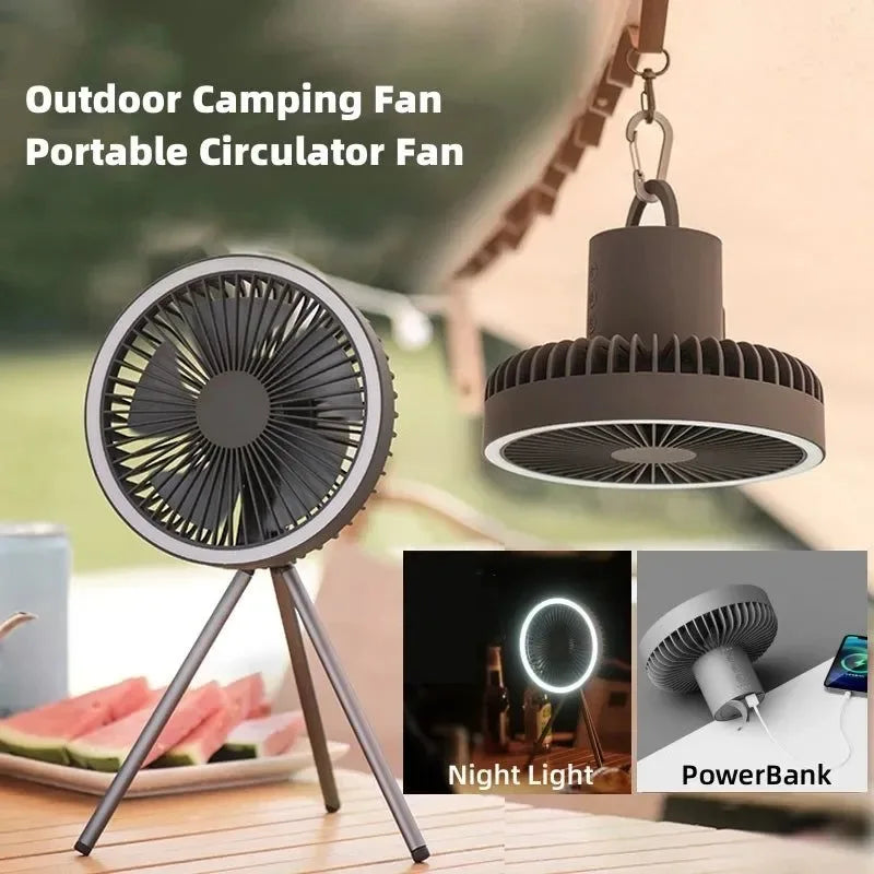 Camping Fan 10000mAh Rechargeable Desktop Portable Air Circulator - Wireless Ceiling Electric Fan with Power Bank LED Light Tripod - Trekker Essentials