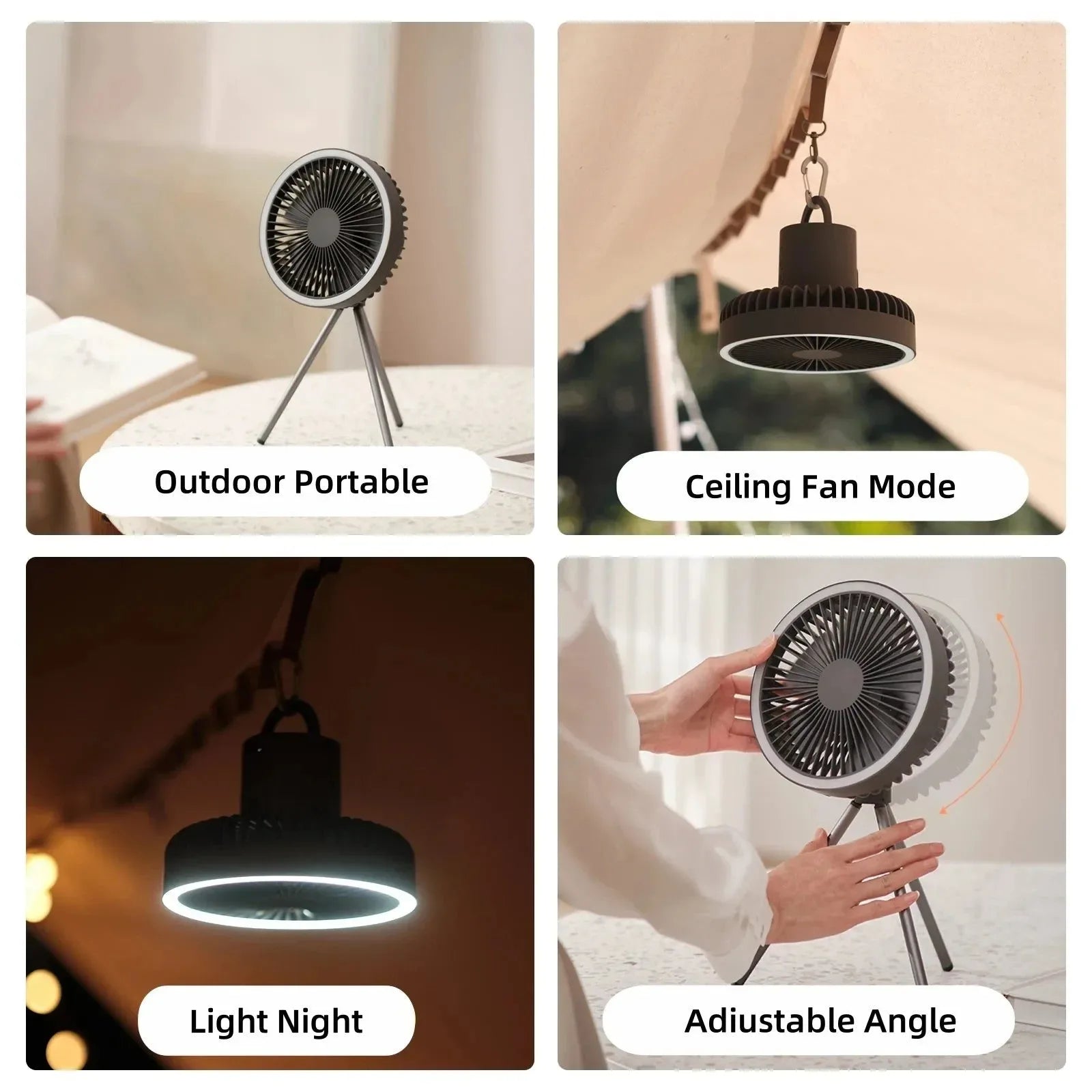 Camping Fan 10000mAh Rechargeable Desktop Portable Air Circulator - Wireless Ceiling Electric Fan with Power Bank LED Light Tripod - Trekker Essentials