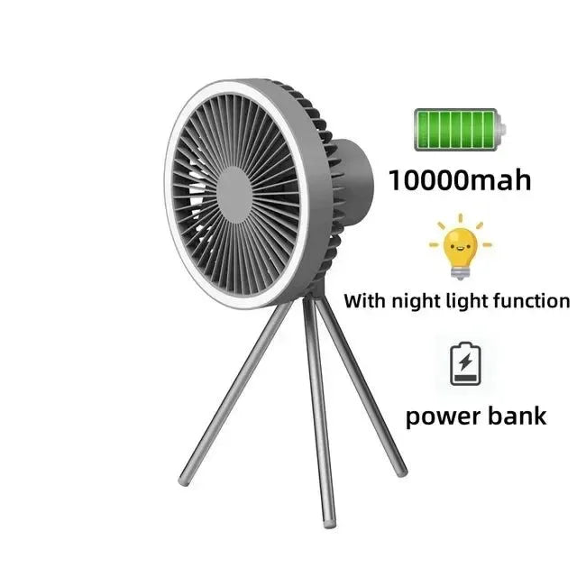 Camping Fan 10000mAh Rechargeable Desktop Portable Air Circulator - Wireless Ceiling Electric Fan with Power Bank LED Light Tripod - Trekker Essentials