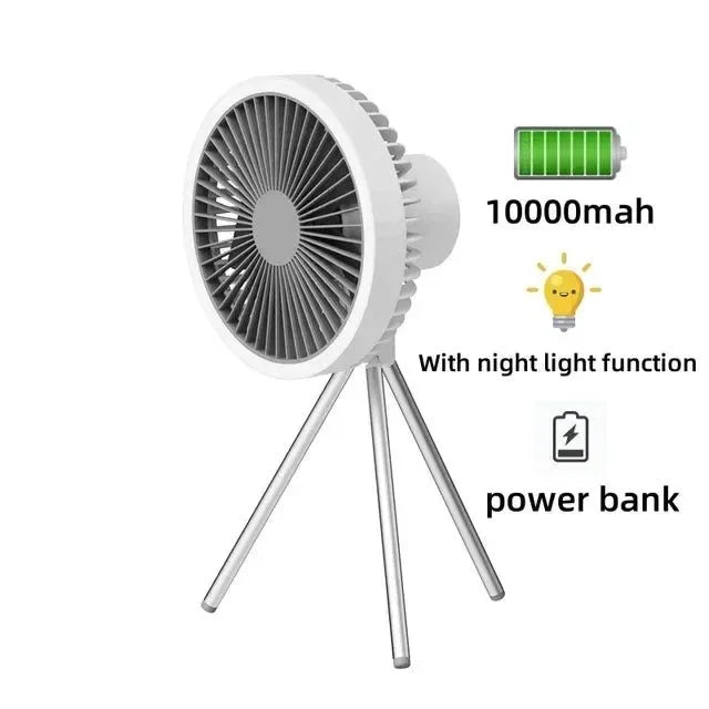 Camping Fan 10000mAh Rechargeable Desktop Portable Air Circulator - Wireless Ceiling Electric Fan with Power Bank LED Light Tripod - Trekker Essentials