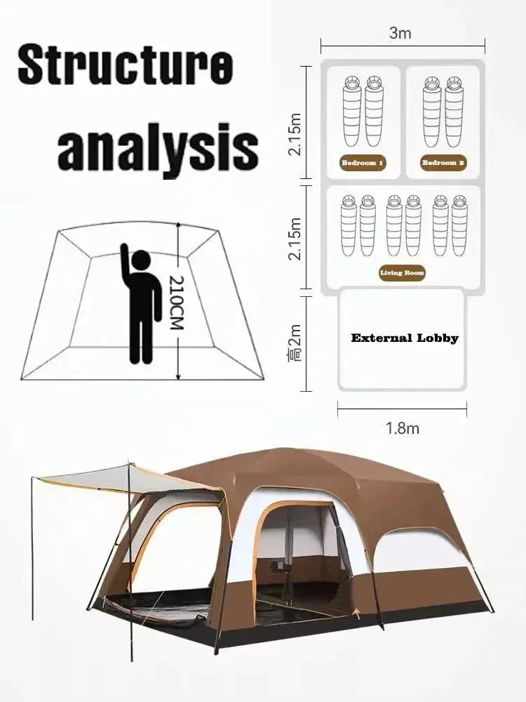 Camping Tent 3-12 Person Double Layers: Oversize, Rainproof Outdoor Family Camp Tour Equipment - Trekker Essentials