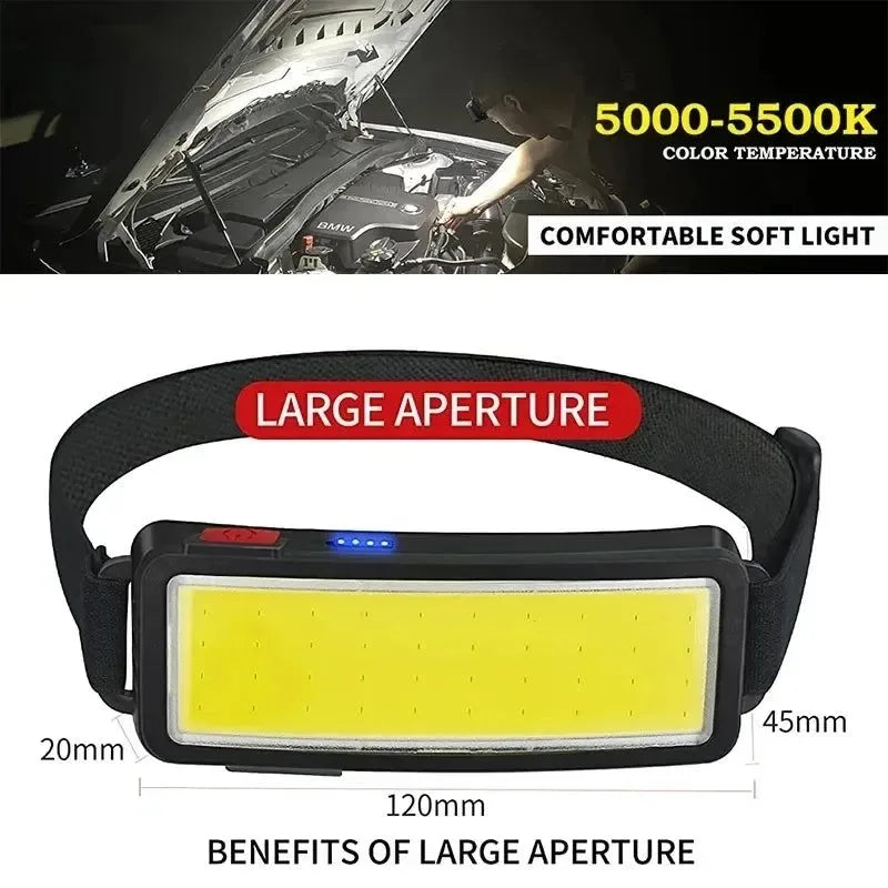 COB LED Headlight Flashlight: 3 Mode USB Rechargeable HeadLamp for Hiking and Camping - Trekker Essentials