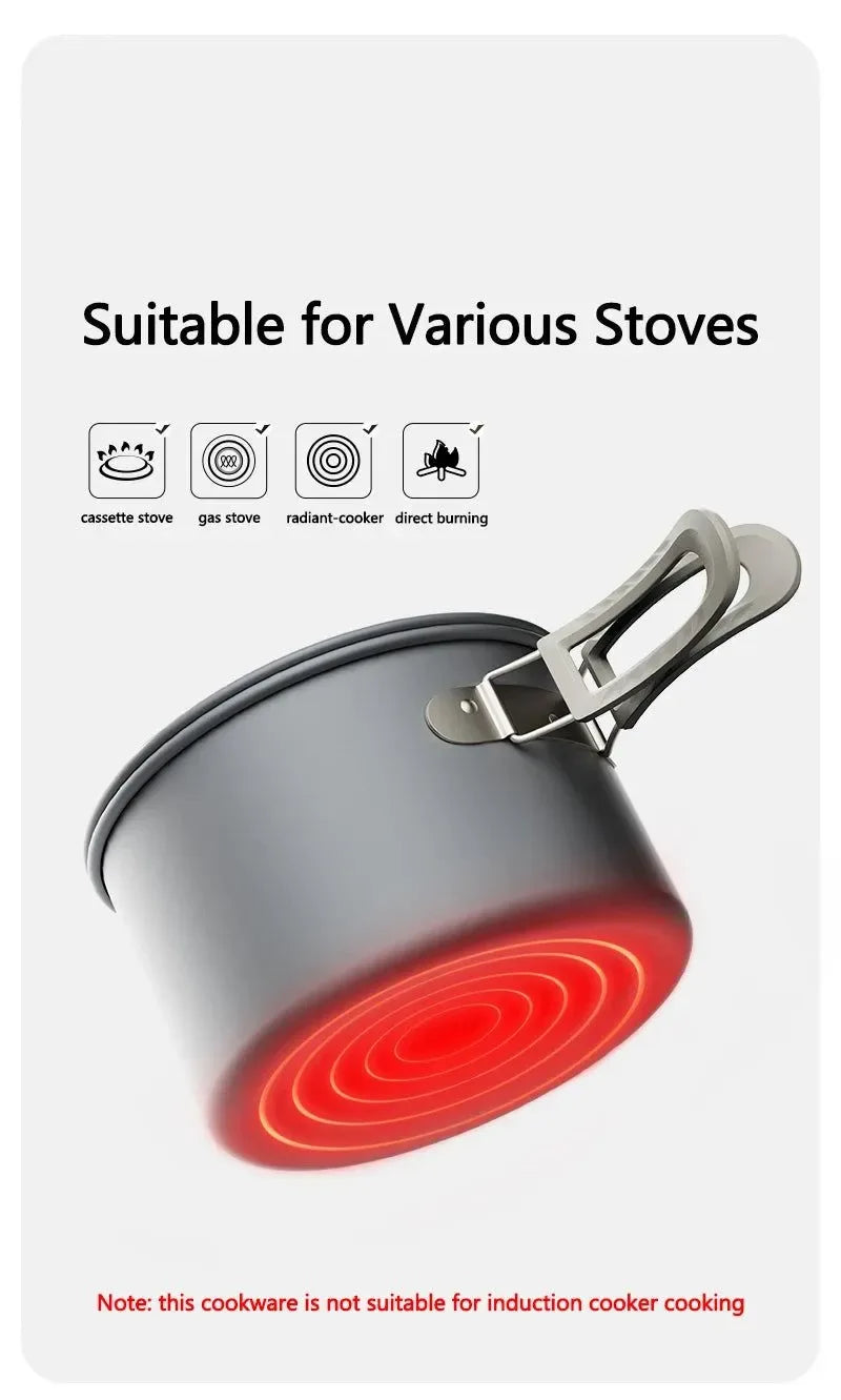 Compact Camping Cookware Set – Non-Stick Aluminum Outdoor Cooking & Picnic Kit with Teapot for 2–4 Persons - Trekker Essentials