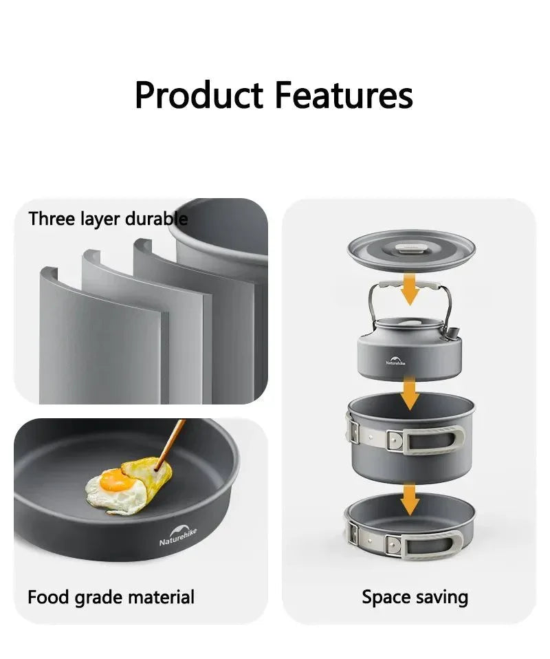 Compact Camping Cookware Set – Non-Stick Aluminum Outdoor Cooking & Picnic Kit with Teapot for 2–4 Persons - Trekker Essentials