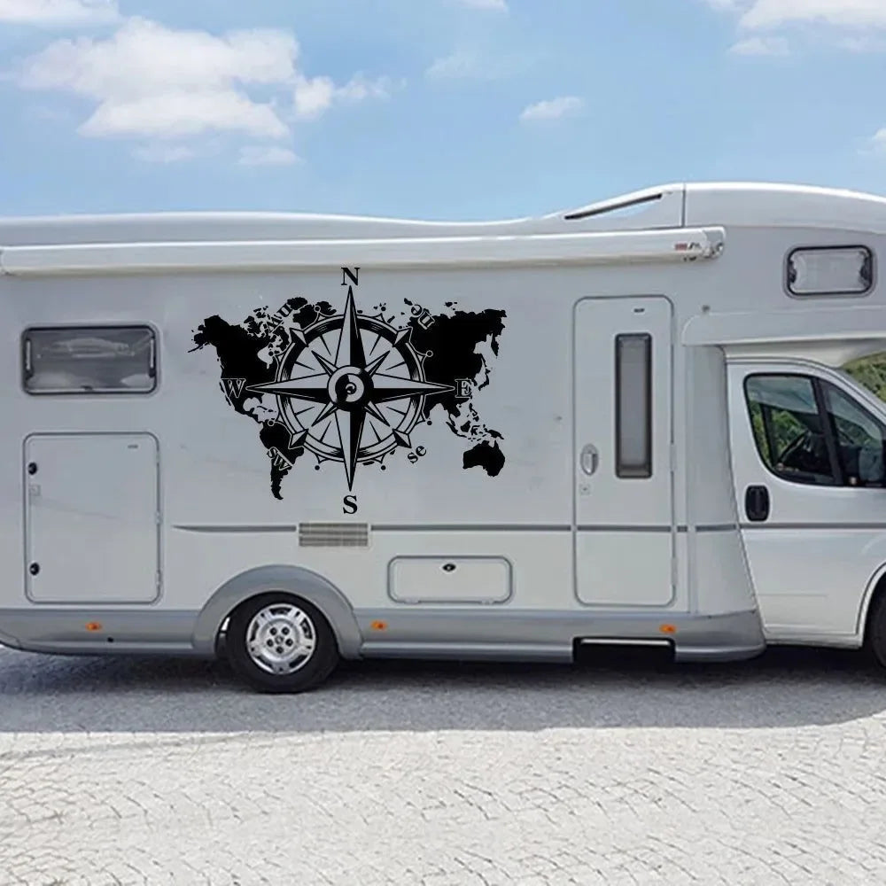 Compass World Map Caravan Car Sticker Decal - Vinyl Decor for Camper, RV, Motorhome, Off-Road Travel Adventure Truck - Trekker Essentials