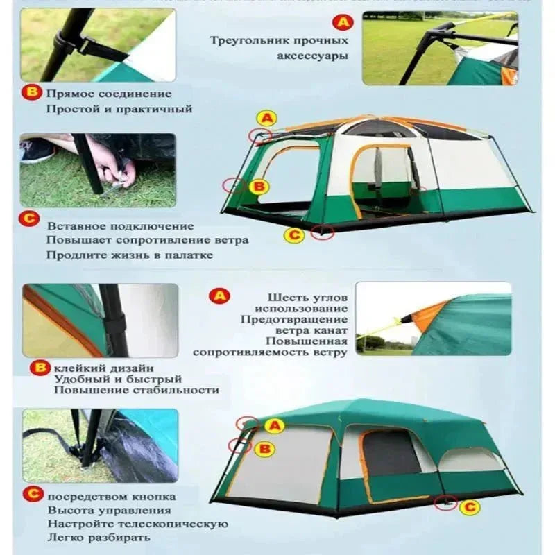 CUPCAMEL Outdoor Camping Large Family Tent with 2 Bedrooms, 1 Living Room, and Mosquito Control - Trekker Essentials