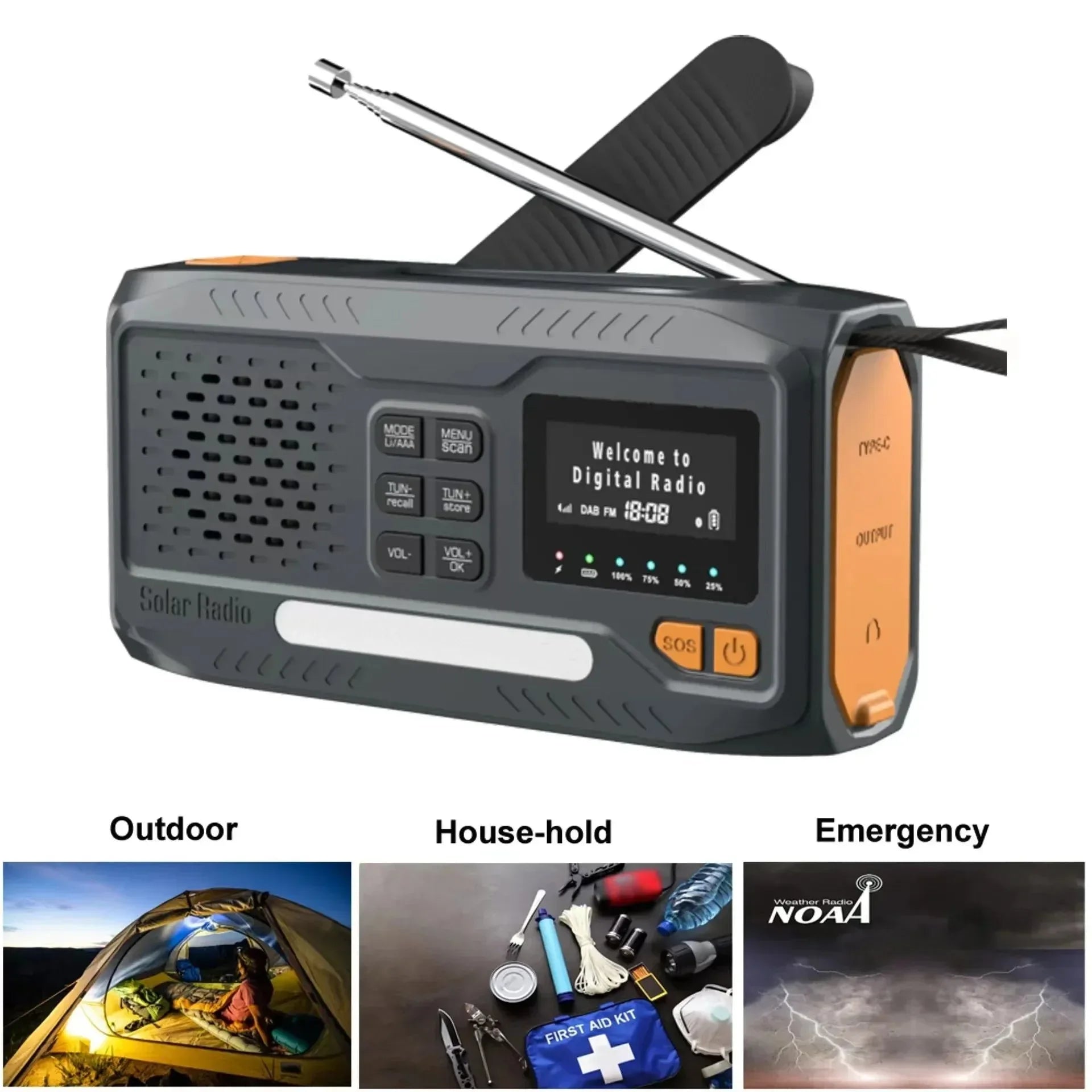 DAB/FM Bluetooth Portable Solar Radio - Emergency Hand Crank Dynamo Outdoor Speaker with LED Flashlight and SOS Function - Trekker Essentials