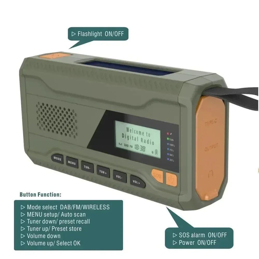 DAB/FM Bluetooth Portable Solar Radio - Emergency Hand Crank Dynamo Outdoor Speaker with LED Flashlight and SOS Function - Trekker Essentials