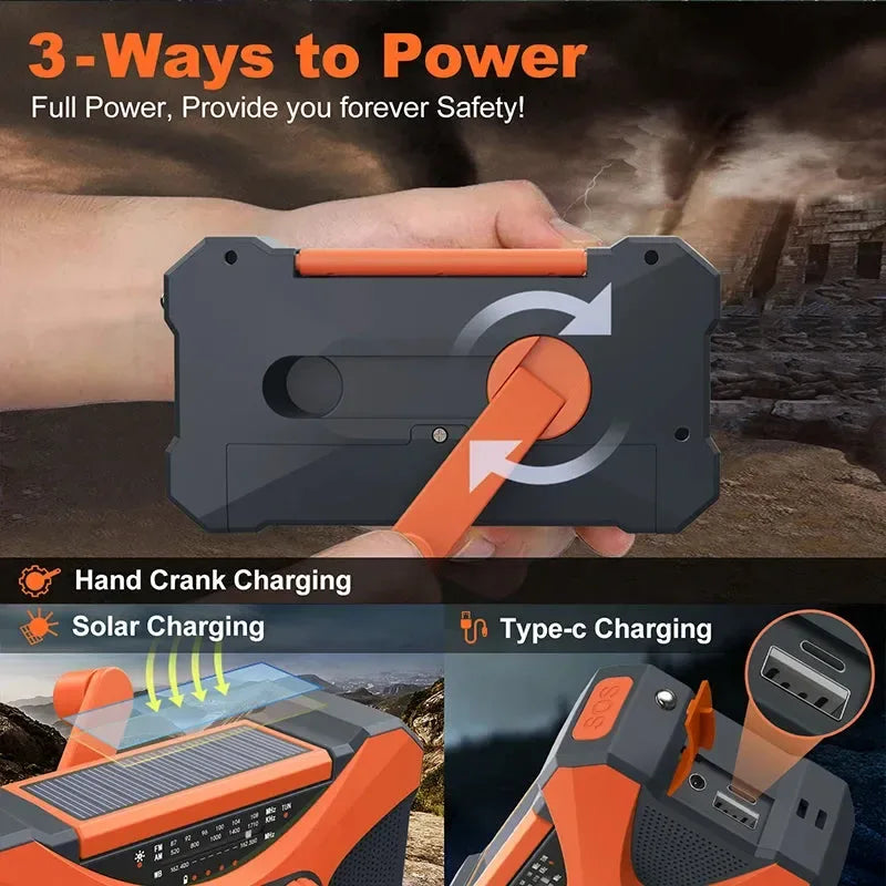 Emergency Flashlight Torch 10000mAh Power Bank Rechargeable Radio Hand Crank Solar USB AM/FM/NOAA Weather Radios - Trekker Essentials