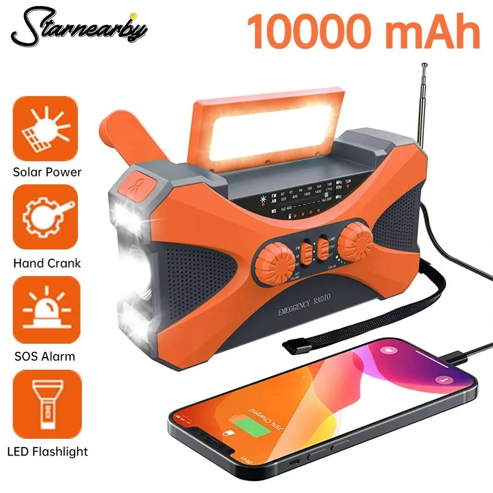 Emergency Flashlight Torch 10000mAh Power Bank Rechargeable Radio Hand Crank Solar USB AM/FM/NOAA Weather Radios - Trekker Essentials