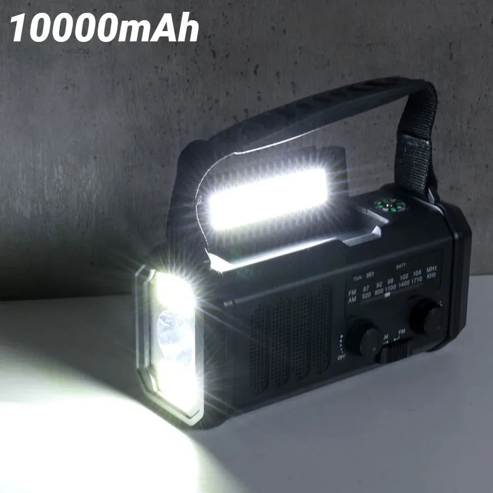 Emergency Flashlight Torch 10000mAh Power Bank Rechargeable Radio Hand Crank Solar USB AM/FM/NOAA Weather Radios - Trekker Essentials