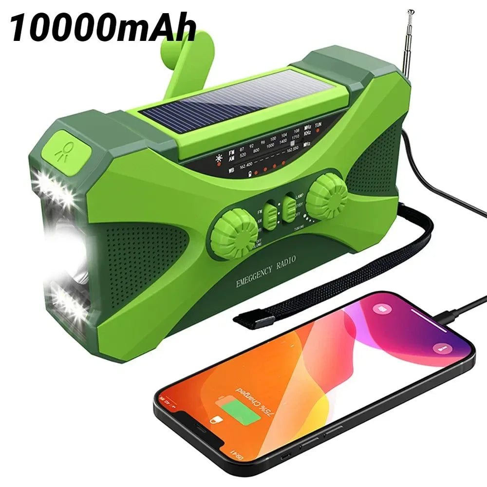 Emergency Flashlight Torch 10000mAh Power Bank Rechargeable Radio Hand Crank Solar USB AM/FM/NOAA Weather Radios - Trekker Essentials