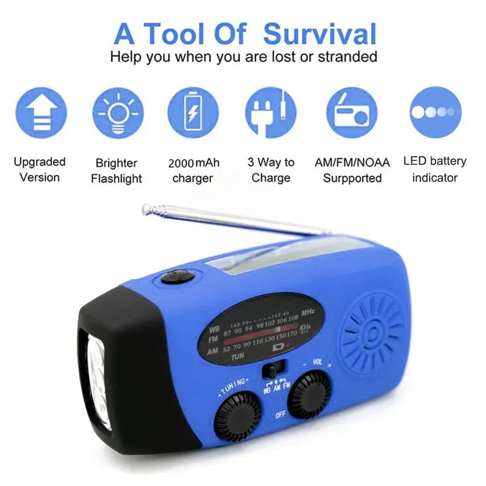 Emergency Flashlight Torch 10000mAh Power Bank Rechargeable Radio Hand Crank Solar USB AM/FM/NOAA Weather Radios - Trekker Essentials