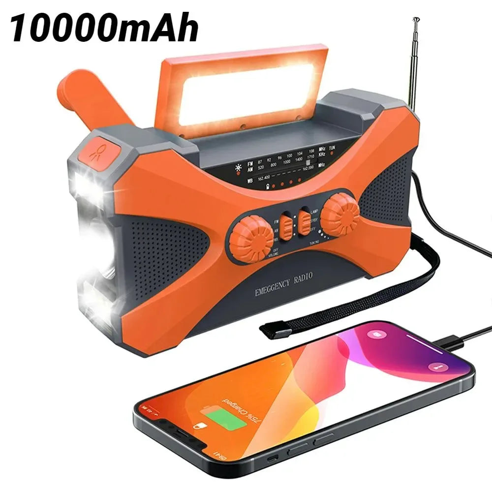 Emergency Flashlight Torch 10000mAh Power Bank Rechargeable Radio Hand Crank Solar USB AM/FM/NOAA Weather Radios - Trekker Essentials