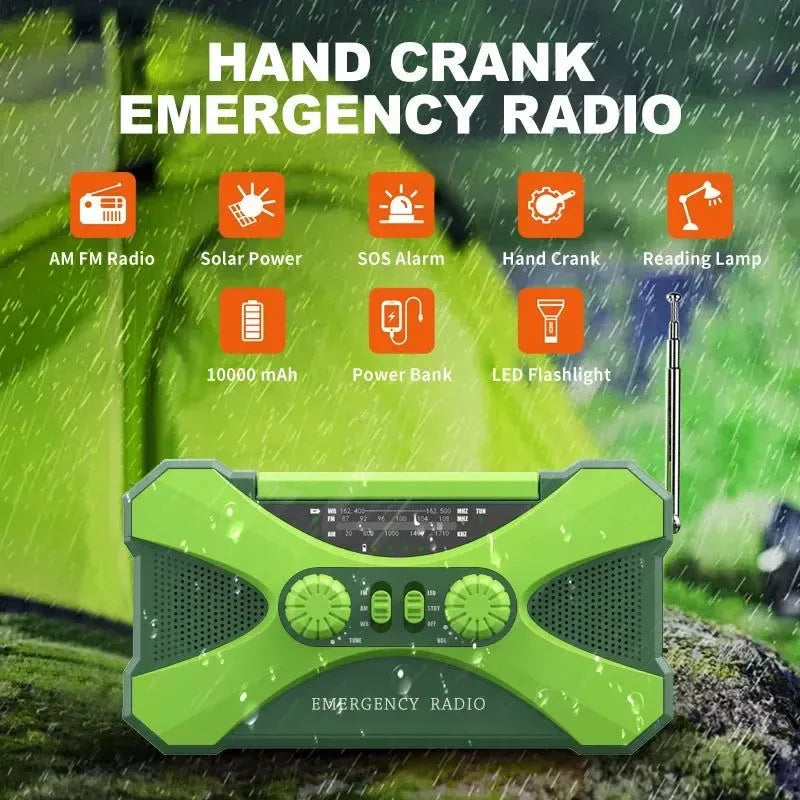 Emergency Flashlight Torch 10000mAh Power Bank Rechargeable Radio Hand Crank Solar USB AM/FM/NOAA Weather Radios - Trekker Essentials