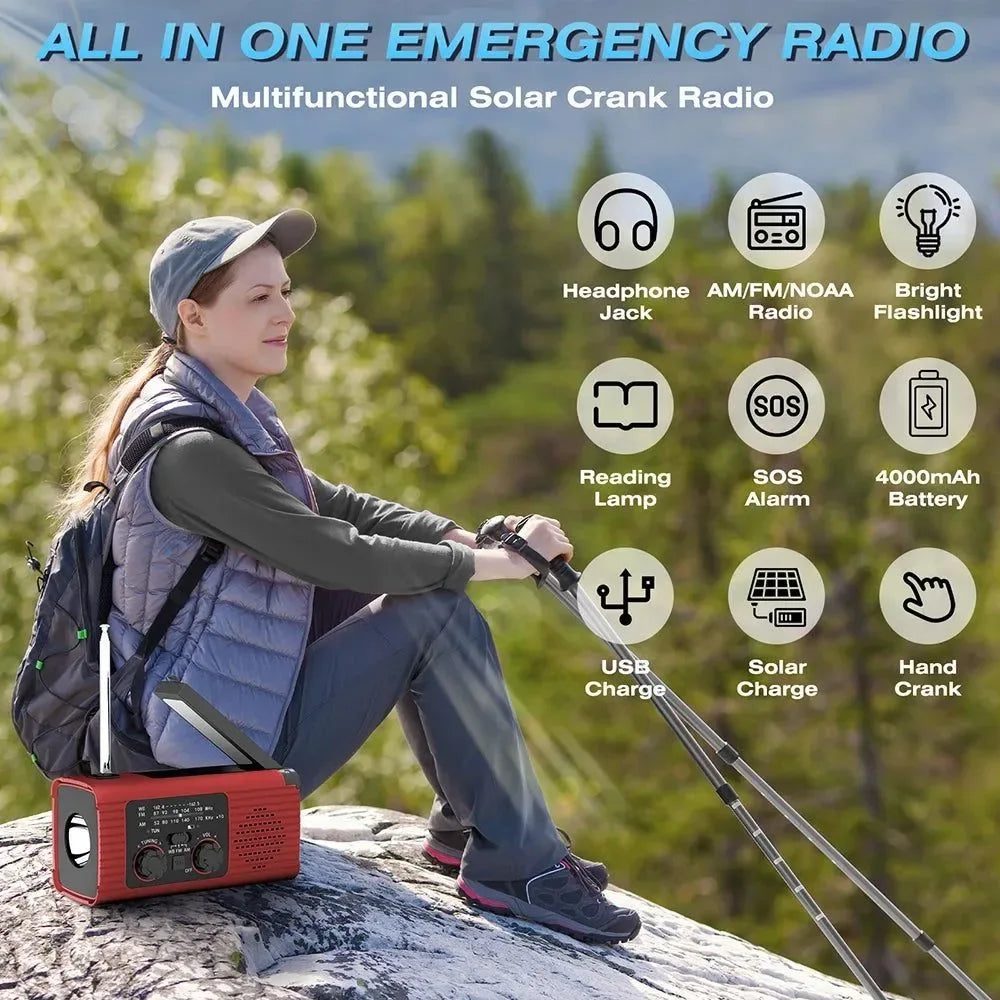 Emergency Radio Stereo - Multifunctional Hand Cranked Charging, Portable Outdoor Adventure Power Bank, Solar Radio - Trekker Essentials