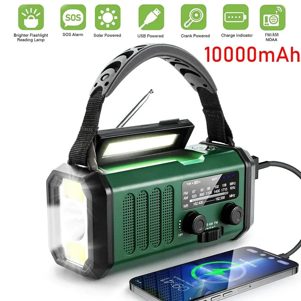 Emergency Solar Hand Crank Weather Radio with 10000mAh Power Bank, Flashlight, AM/FM/NOAA, and Dynamo - Trekker Essentials