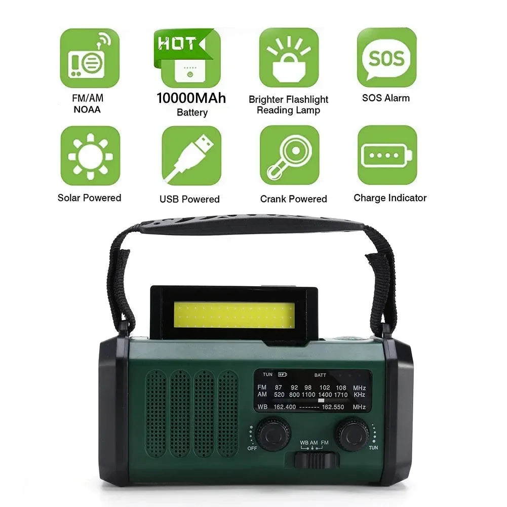 Emergency Solar Hand Crank Weather Radio with 10000mAh Power Bank, Flashlight, AM/FM/NOAA, and Dynamo - Trekker Essentials