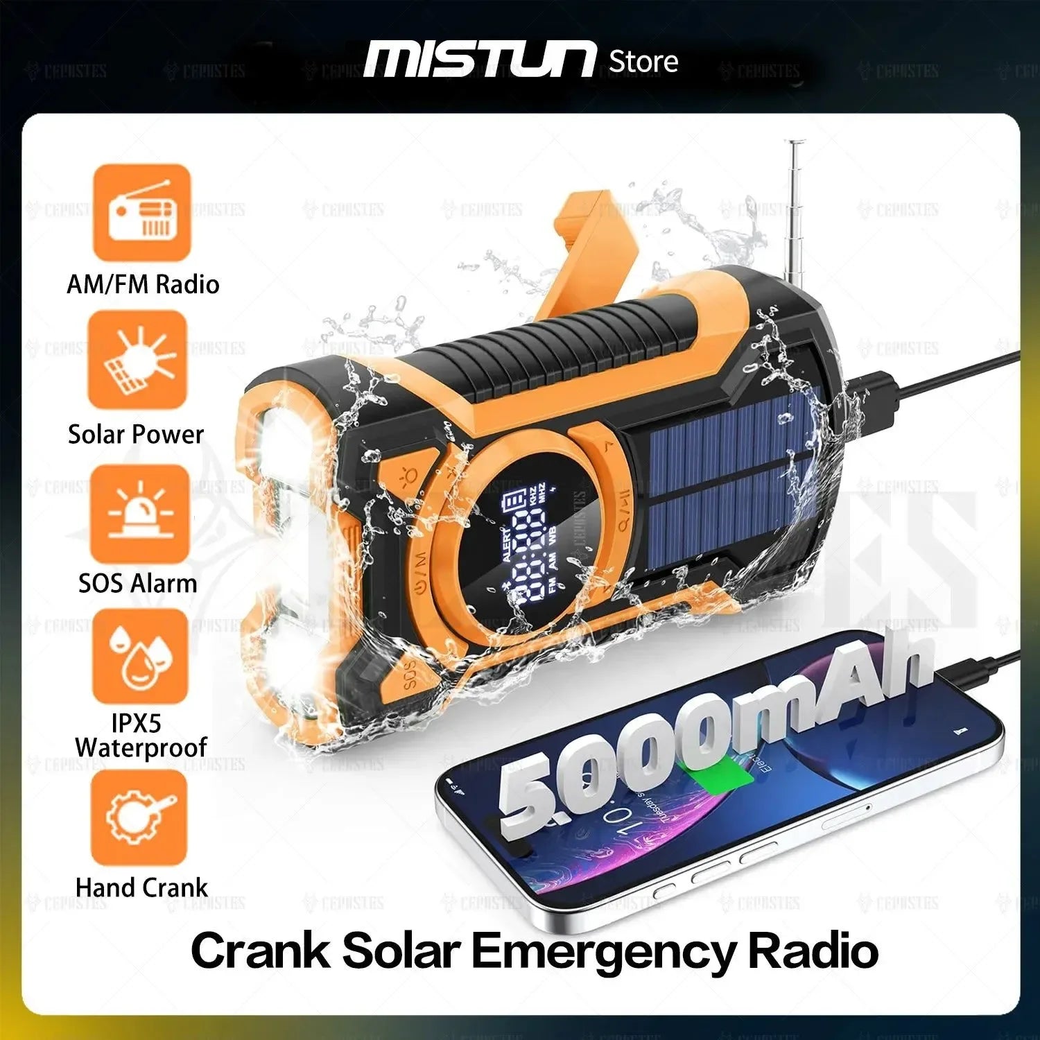 Emergency Waterproof Bluetooth Weather Radio with AM/FM/NOAA, USB Hand Crank Solar Charging, Flashlight, and SOS Alarm - Trekker Essentials