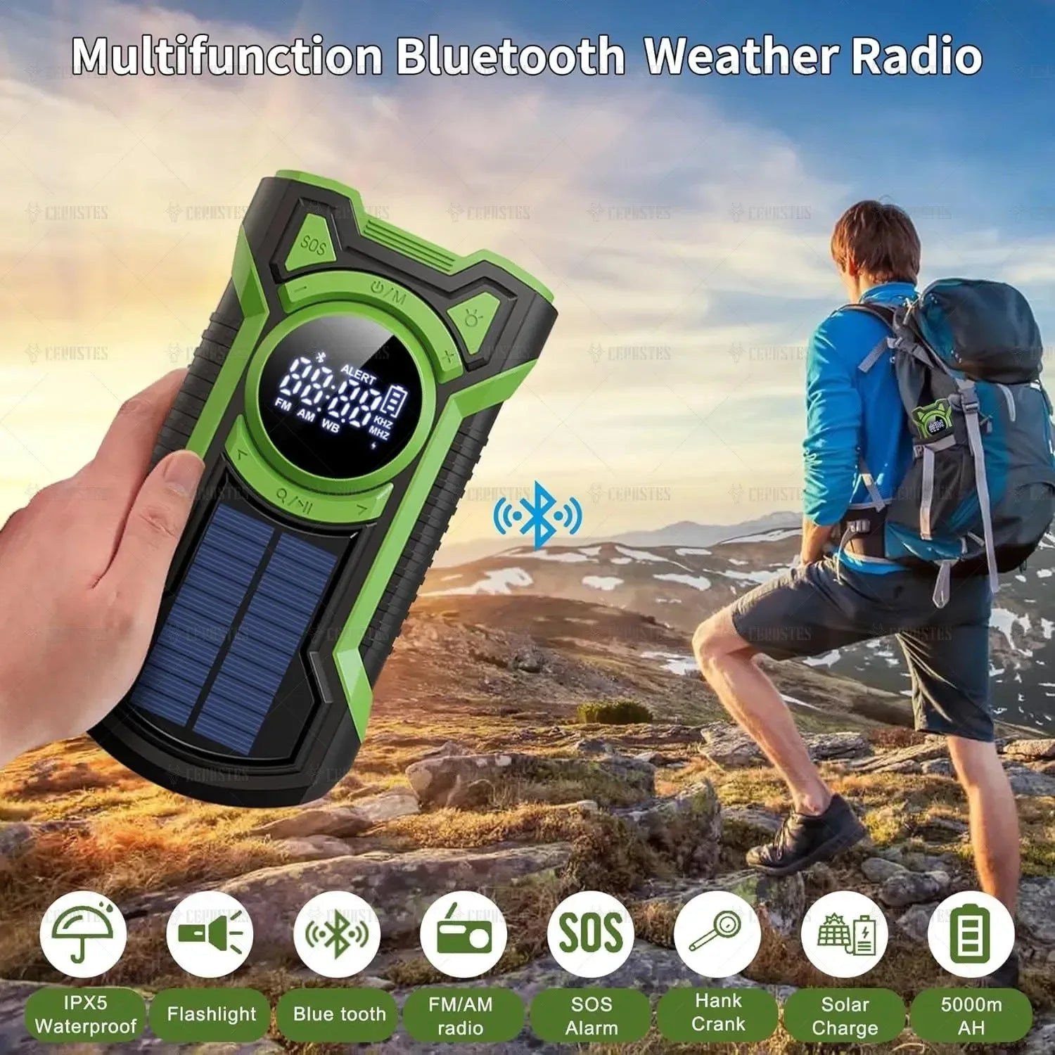 Emergency Waterproof Bluetooth Weather Radio with AM/FM/NOAA, USB Hand Crank Solar Charging, Flashlight, and SOS Alarm - Trekker Essentials