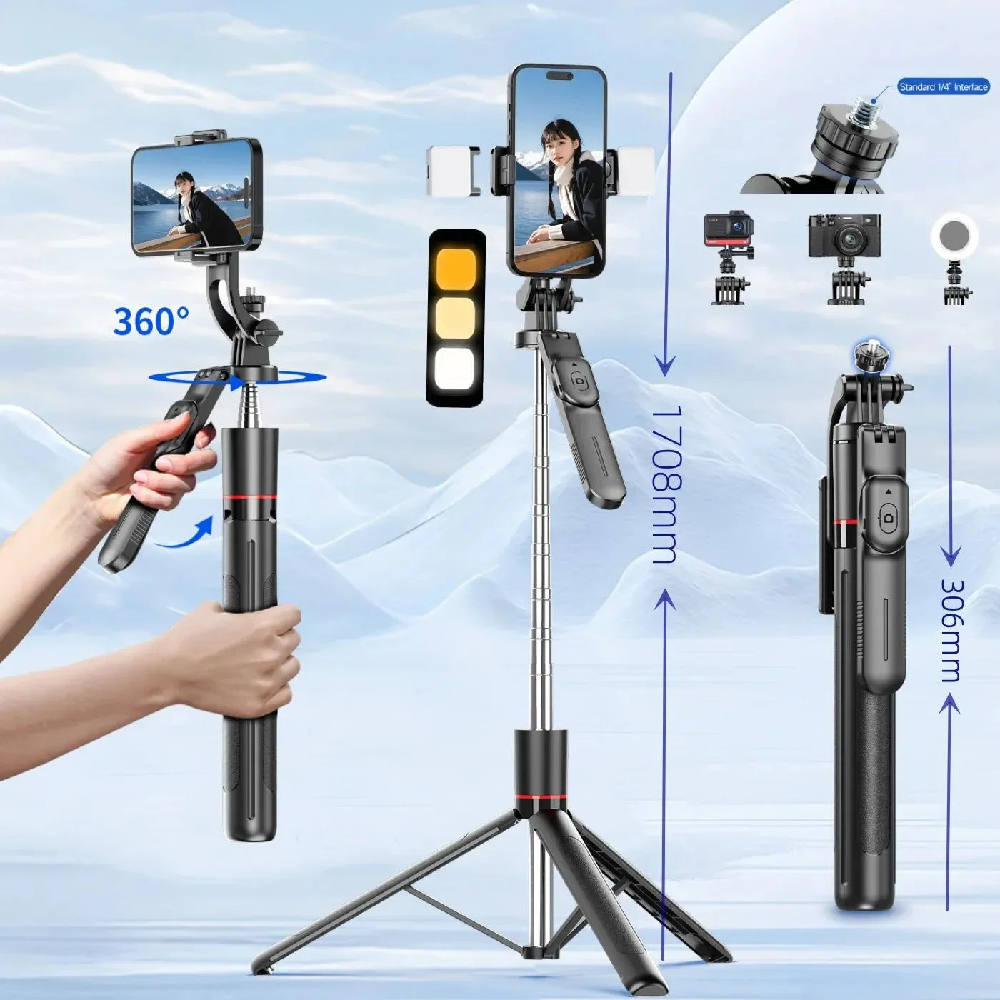 F16 Extendable Selfie Stick Tripod with Bluetooth Remote & Fill Light - Trekker Essentials