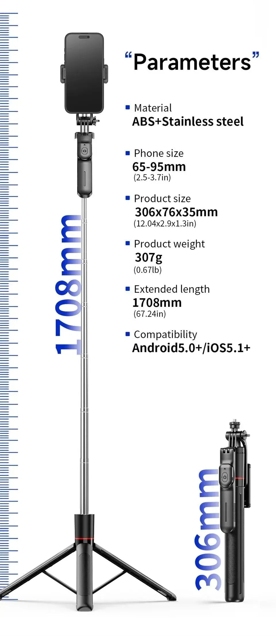 F16 Extendable Selfie Stick Tripod with Bluetooth Remote & Fill Light - Trekker Essentials