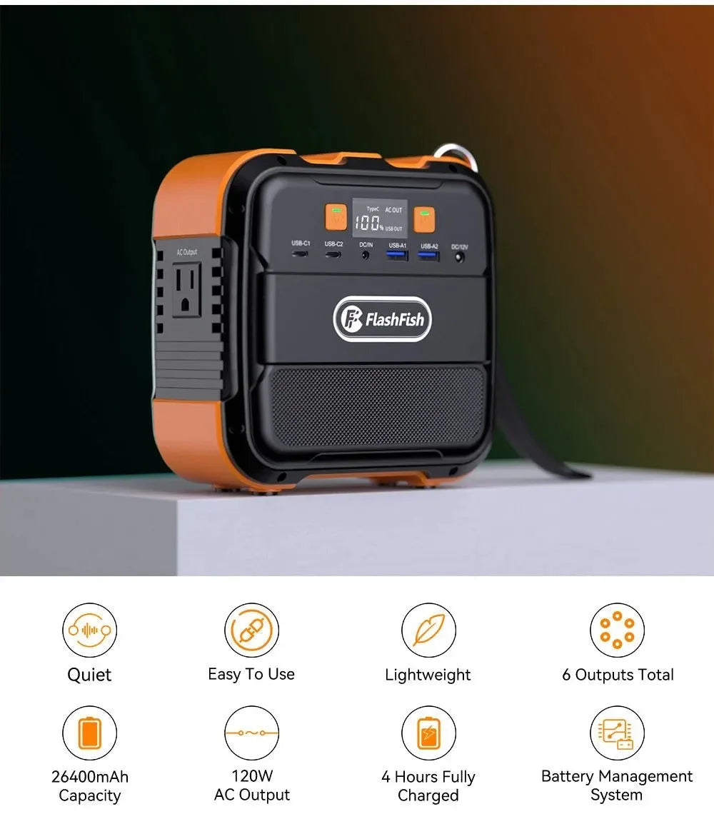 FF Flashfish A101 Mini 120W Portable Power Station — 98Wh Solar Generator with LED & USB for Travel, Camping, Airplanes - Trekker Essentials