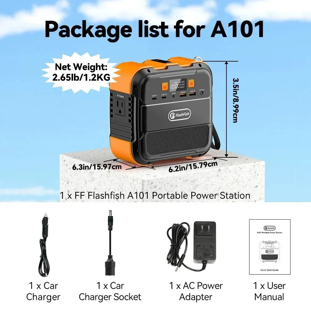 FF Flashfish A101 Mini 120W Portable Power Station — 98Wh Solar Generator with LED & USB for Travel, Camping, Airplanes - Trekker Essentials