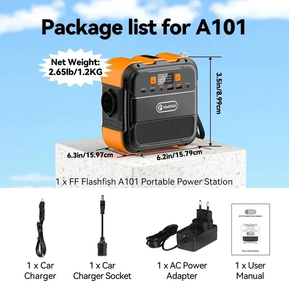 FF Flashfish A101 Mini 120W Portable Power Station — 98Wh Solar Generator with LED & USB for Travel, Camping, Airplanes - Trekker Essentials