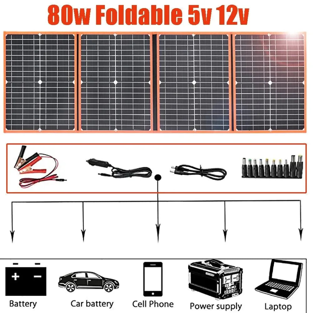 Foldable Solar Panel Portable Solar Charger 12V Battery Power Station 5V USB Mobile Phone Power Bank Laptop Camper Hiking 60W - Trekker Essentials