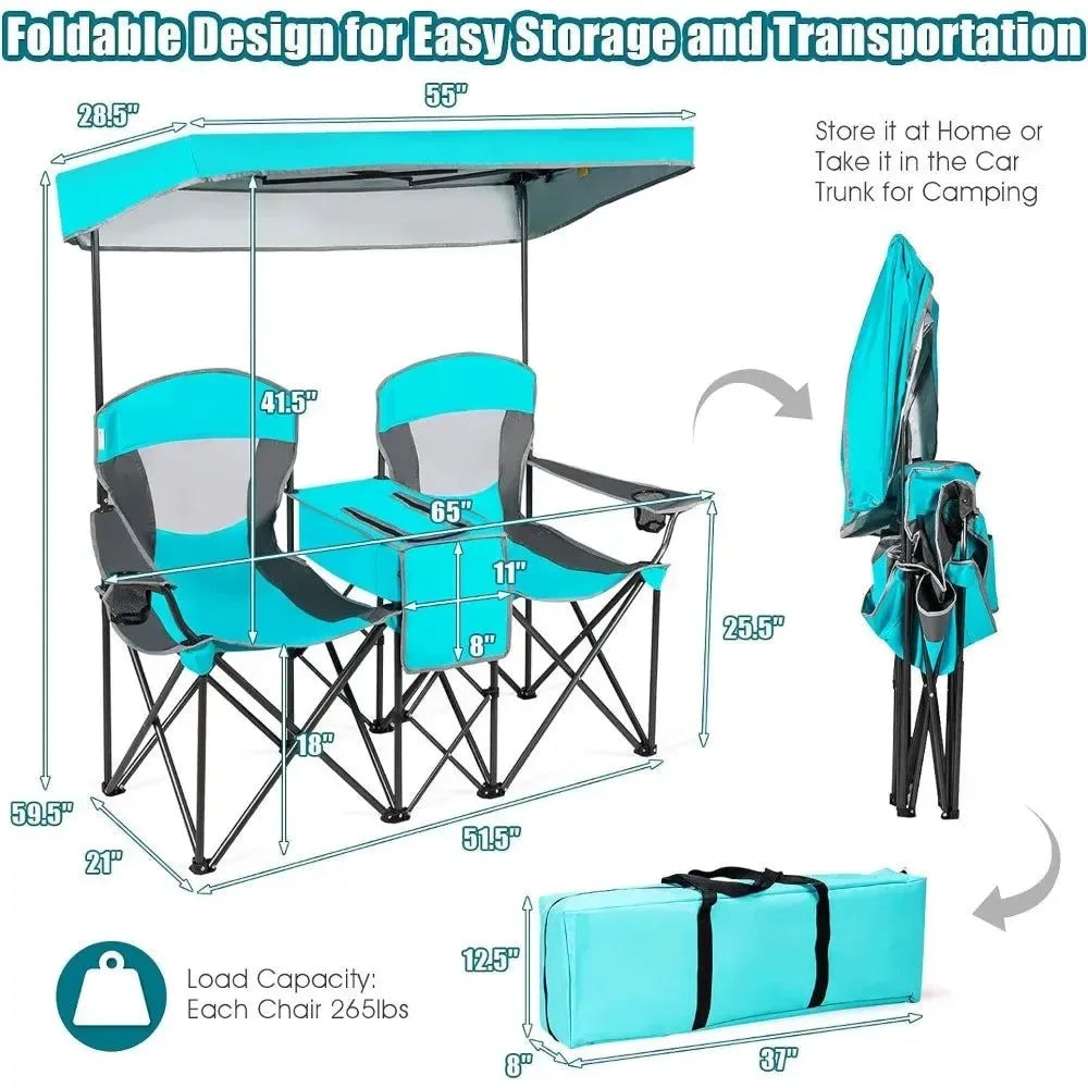 Folding Camping Chairs with Mini Table and Beverage Cup Holder - Turquoise Fishing Beach Chair with Carrying Bag - Trekker Essentials