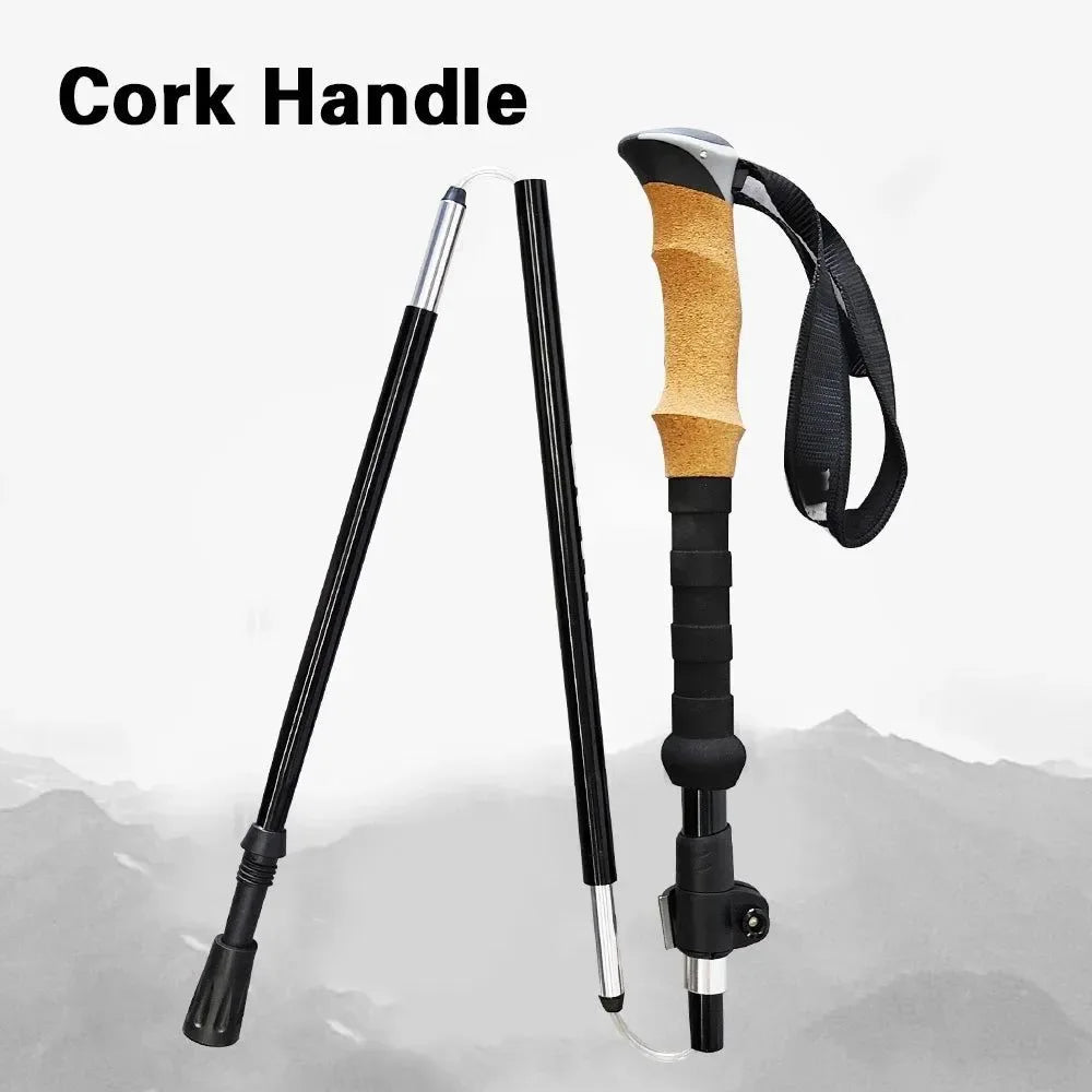 Folding Walking Poles with EVA+Cork Handle - 3-Folded Rod Cane for Hiking and Sitting - Trekker Essentials