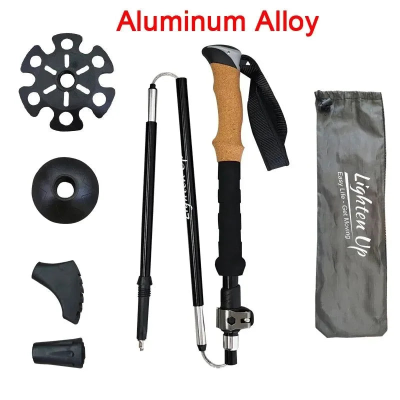 Folding Walking Poles with EVA+Cork Handle - 3-Folded Rod Cane for Hiking and Sitting - Trekker Essentials