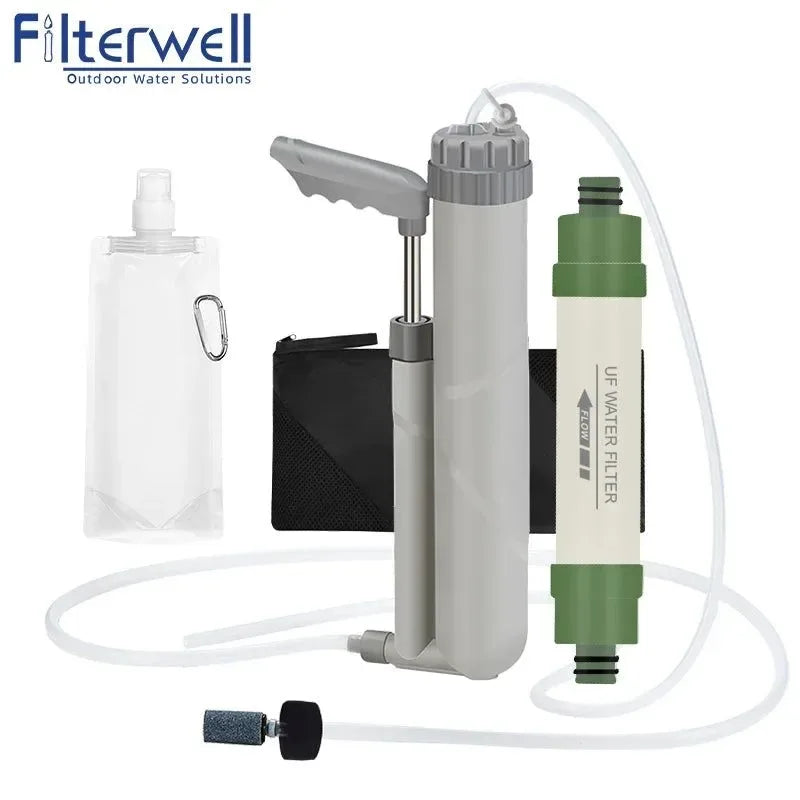 Hand Pump Portable Water Filter - Outdoor Survival Gear UF Drinking Water Purifier for Hiking, Camping, Travel - Trekker Essentials