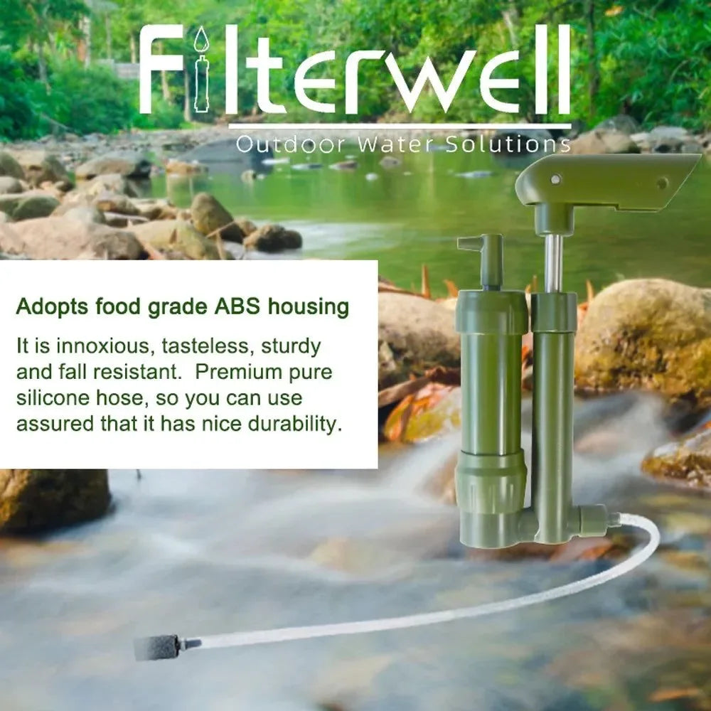 Hand Pump Water Filter 3-Stage Camping Water Purifier Filtration System Survival Gear 0.01 Micron with 500ml Storage Water Bag - Trekker Essentials