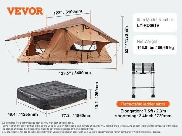 Hardshell Folding Rooftop Tent with Telescopic Ladder, Mattress & Waterproof PVC Cover for SUV, Van, Pickup Truck - Trekker Essentials