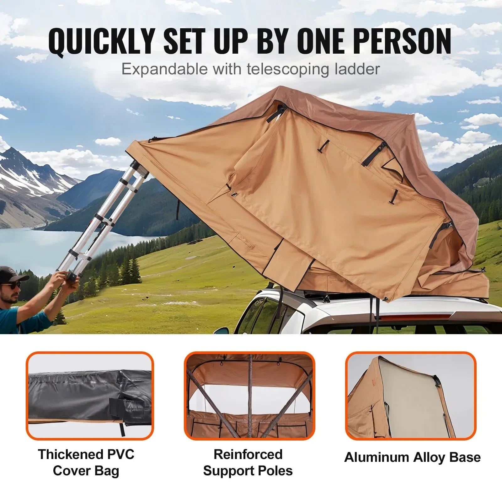 Hardshell Folding Rooftop Tent with Telescopic Ladder, Mattress & Waterproof PVC Cover for SUV, Van, Pickup Truck - Trekker Essentials