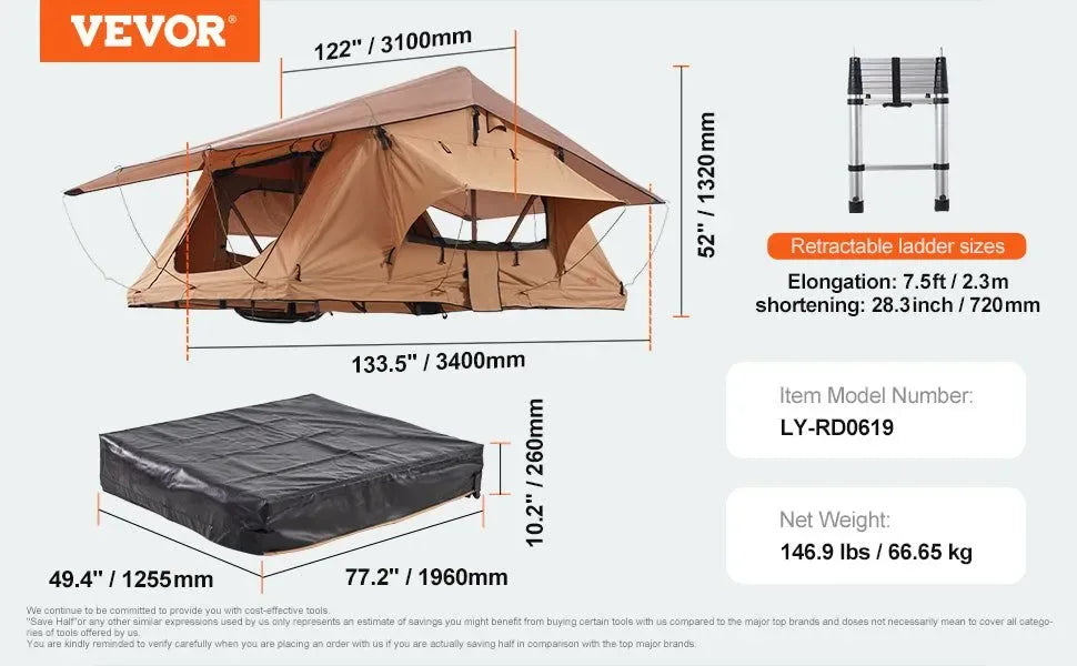 Hardshell Folding Rooftop Tent with Telescopic Ladder, Mattress & Waterproof PVC Cover for SUV, Van, Pickup Truck - Trekker Essentials